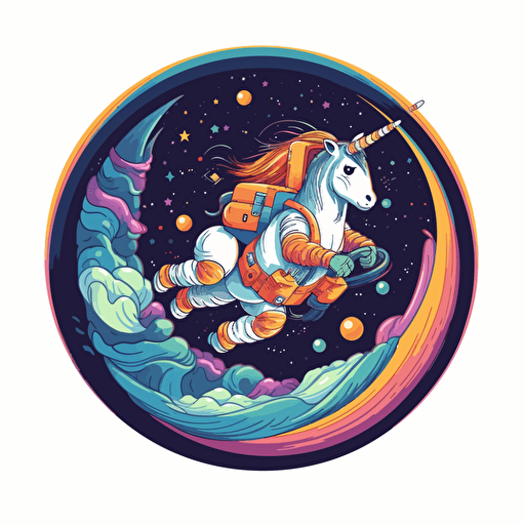 anthropomorphic unicorn dressed as an astronaut suit riding a rainbow wave travelling through outer space, vector style. design in circle. transparent background