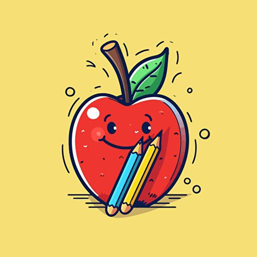 an illustration of an apple and a pencil stylized, vector art style, back to school style, happy colors