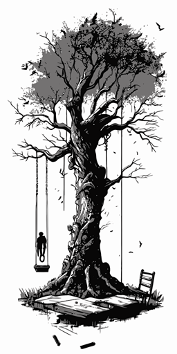 Hand drawn black and white sketch, vector, of big tree with hangman, white background