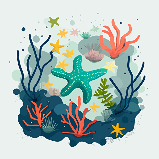 tidepool on the west coast, sea stars, kelp, minimalist design, fun vibe, vector, 2d, flat, 8 colors