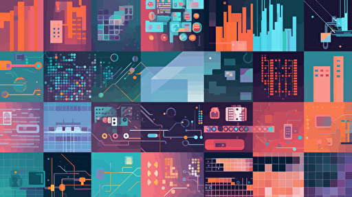 Generative AI impacting a variety of different industries. Vector art. AI moving from the left hand side, into a variety of squares representing different use cases on the right hand side.