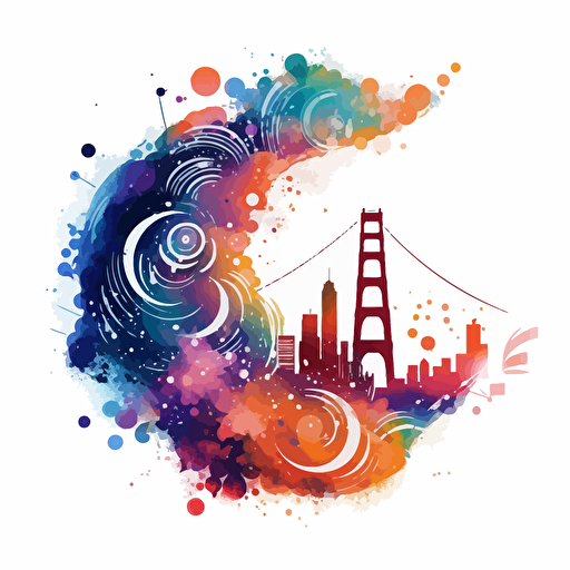 colorful vector art, san francisco shilouette in a galaxy, swirl patterns, white background