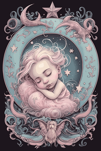 baby sleeps on crescent moon, pastel style vector Nadja Baxter Anne Stokes Nancy Noel Tara McPherson Kenny Scharf