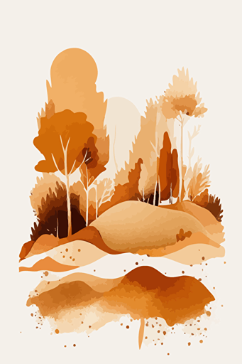 Rust orange and beige watercolour abstract landscape, contour, vector illustration