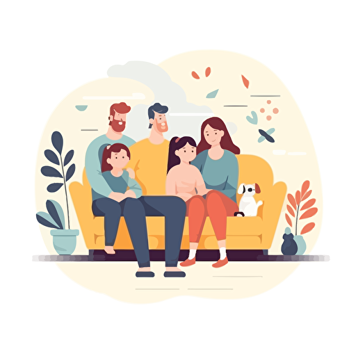 flat vector illustration family sitting on sofa, cartoon style, white background