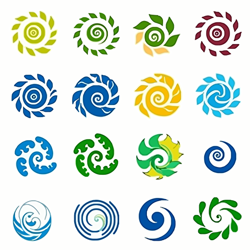logo design, symbol, geometric shapes swirls into spiral to form letter M, several versions, simple vector, flat colors