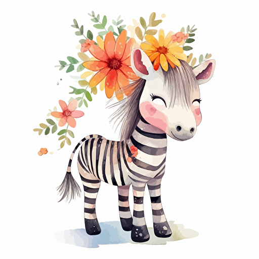 cute zebra, floral, detailed, cartoon style, 2d watercolor clipart vector, creative and imaginative, hd, white background