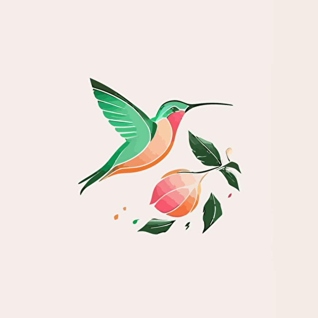 logo minimal linear Hummingbird flying, fruits, Vector, Logo, japan style, green, pink, orange