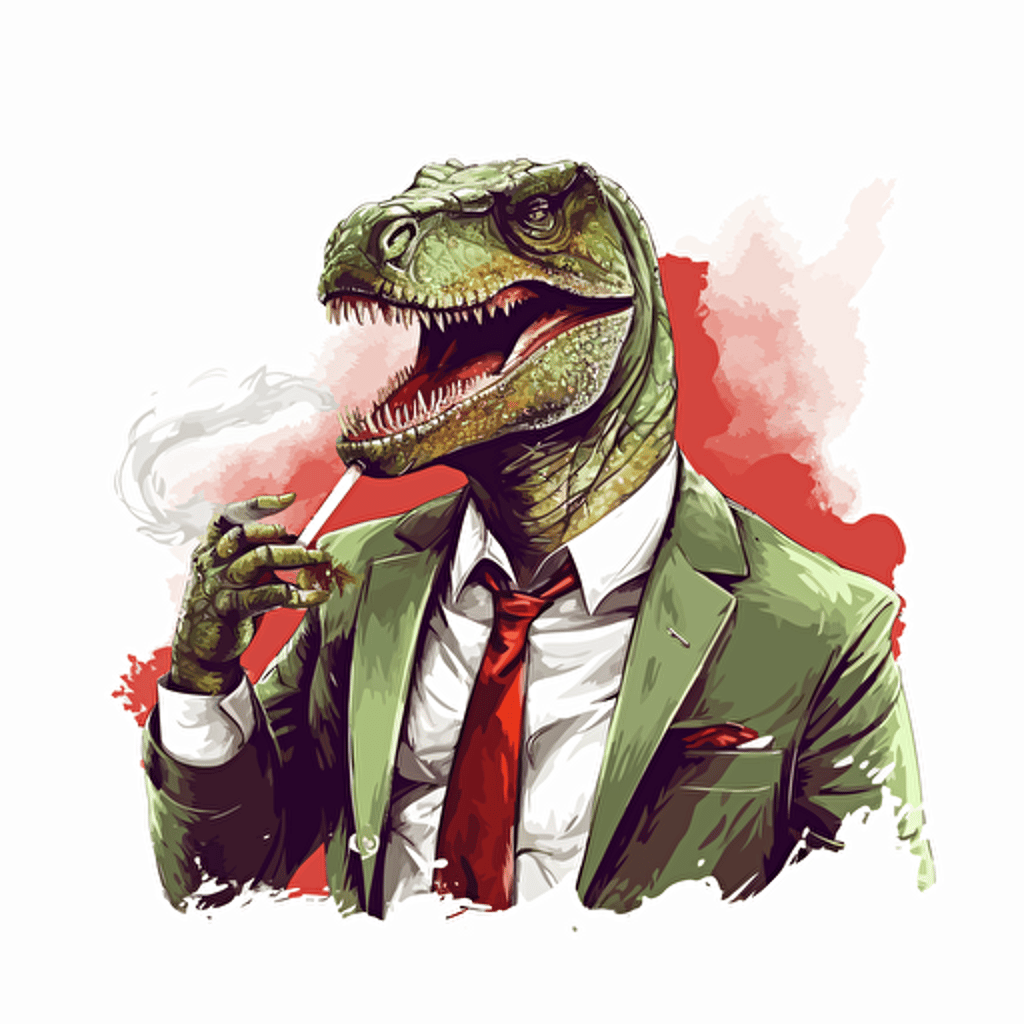 T-rex smoking a big cigar, wearing a business suit, on blank white background, vector art, 2d