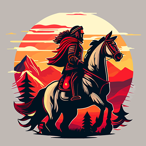 simple vector art of Bulgarian warrior on a horse, sun and mountains behind him