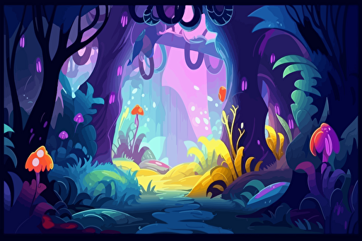 toon style dark, magical forest, vector art, vivid colors