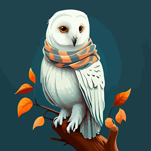 a white owl sat on a branch in the center looking at the camera, wearing a scarf, vector cartoon style, simple, basic, not much detail