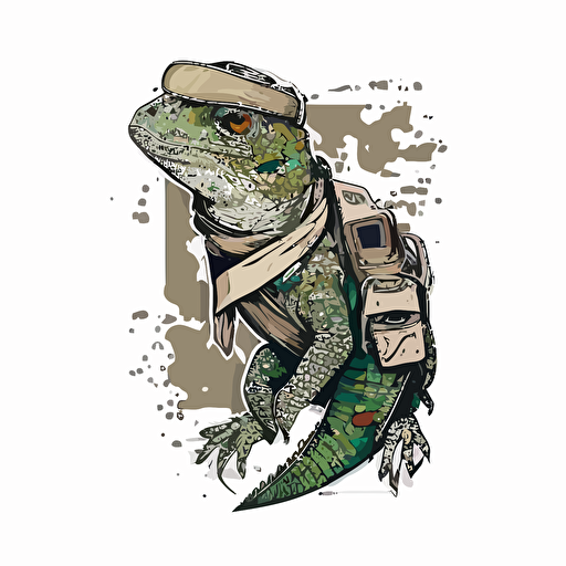 sticker design, lizard in army uniform with bandage, vector illustration