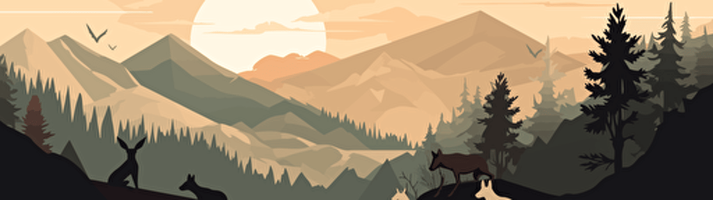 vector illustration of a wolf pack hunting rabbits in a mountain and forest scenery