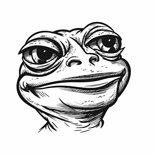 black and white vector drawing of pepe frog meme cartoon style, head only, smirking