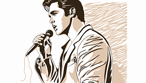 A nostalgic portrayal of Elvis Presley in his signature white jumpsuit, with a microphone in hand and a subtle smile on his lips, The style of the artwork is classic and timeless, with a romantic mood that captures the enduring popularity and legacy of the King of Rock and Roll, The lighting is warm and inviting, suggesting a cozy, intimate setting, vector, contour, white background