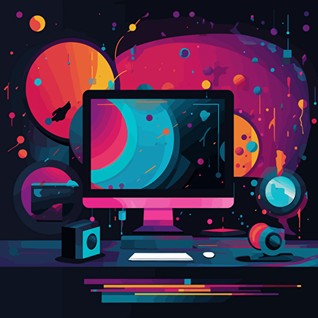 A vector based illustration of a Slack workspace with a very vibrant surrounding that bleeds to black, with valuable information escaping its content black hole from the monitor which shows slack conversations into a another monitor