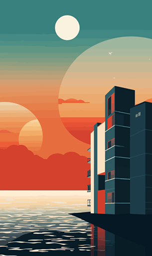 building on the beach, sea, sky, orange and blue, simple vector art style,