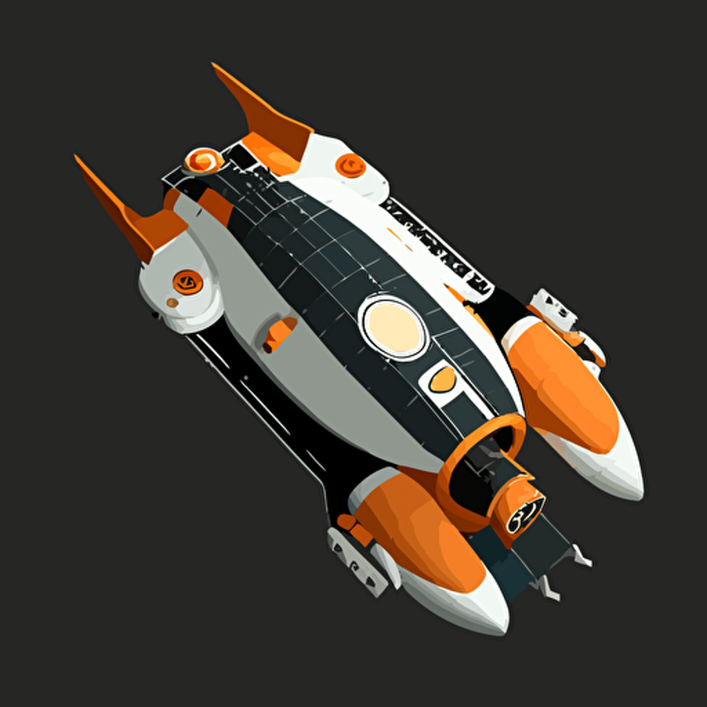 orange and white space ship on black background, top-down view, clean, simple, no shadows, vector