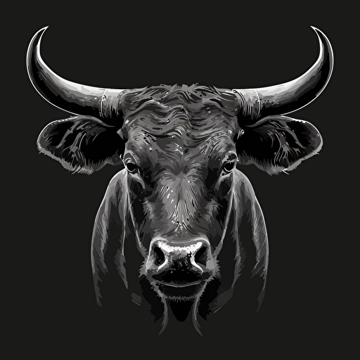 bull head frontal view, vector style, black and white simple, black background