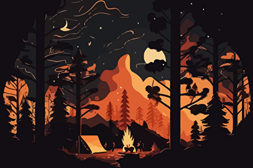joushua tree national park, camp site, camp fire, night views, illustration, minimalism, vector design