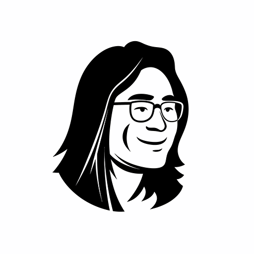 chinese man with glasses, side face, smile, middle long hair, logo, vector, simple, flat, lowdetail, smooth, plain, minimal, straight deign,white background, Rob Janoff style
