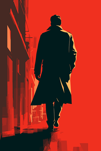 a man wearing a coat and walking on a red background, in the style of simplistic vector art, cityscape, film noir, poster art, realist detail, careful composition, stencil-based