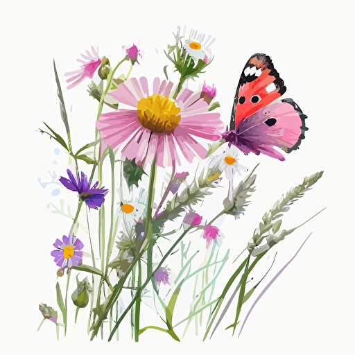 spring meadow wildflower with a pink butterfly, watercolour, clipart, primary colours, vector, simple, white background