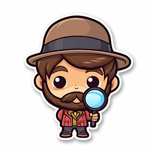 Sticker, Happy Colorful detective, brown hair, hazel eyes, short stubbled beard and mustache, kawaii, contour, vector, white background