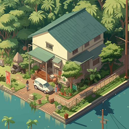 isometric, ghibli, makoto shinkai, cute, vector style, simple detail, isometric diorama, cute and warm atmosphere, plants and plantation, relaxed and peaceful, lonely — no car — no person