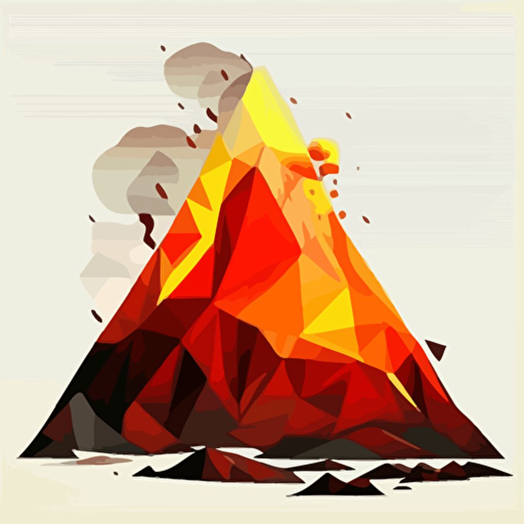 volcanic eruption from a pyramid, polygonal vector illustration, red orange and yellow