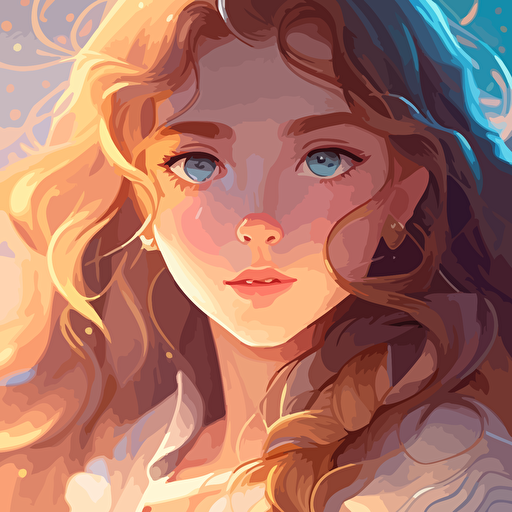 a teenage girl idol with light brown long wavy curly hair and blue eyes, gazing in wonder at a quasar, Clear, detailed face. Clean Cel shaded vector art by lois van baarle, artgerm, Helen huang, by makoto shinkai and ilya kuvshinov, rossdraws, illustration