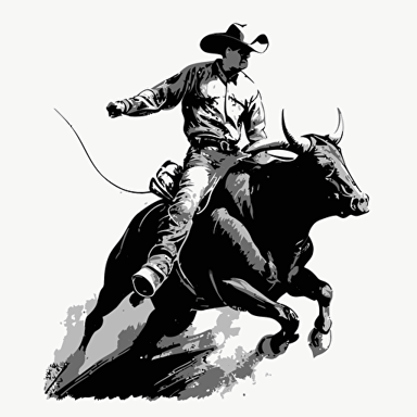 simple vector illistation of bull rider on a bull black and white