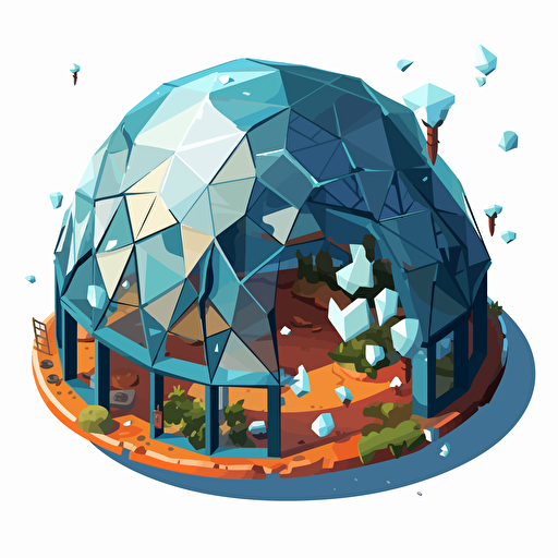 isometric cartoon vector image of a smashed aquarium dome building with transparent background