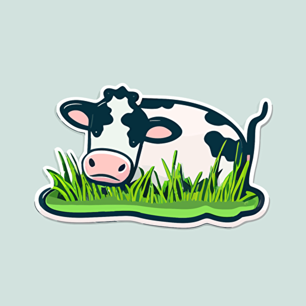 Very cute cow eating grass pixar style, 2d flat design, vector, cut sticker