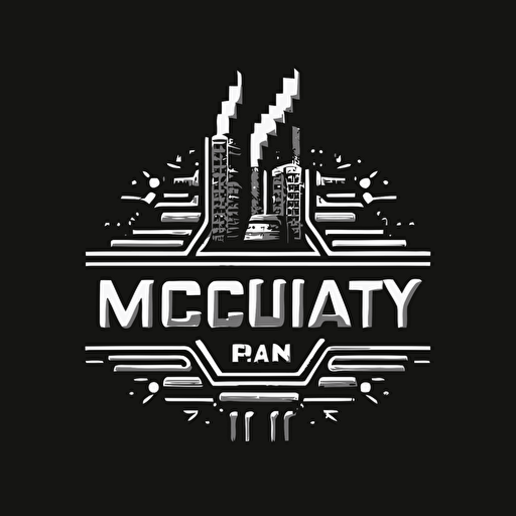 iconic logo of modern factory, white vector, on black background, minimalistic