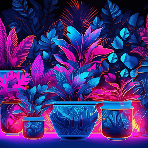 plant pots surrounded by elegant leaf motifs, neon colours, epic composition, vector design on the edges of the image