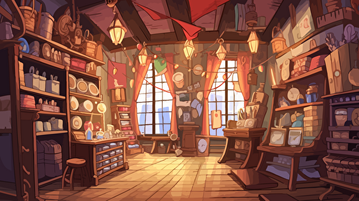 vector illustration, Inside Quirky Fantasy Shop, 2d animation, anime, vector image
