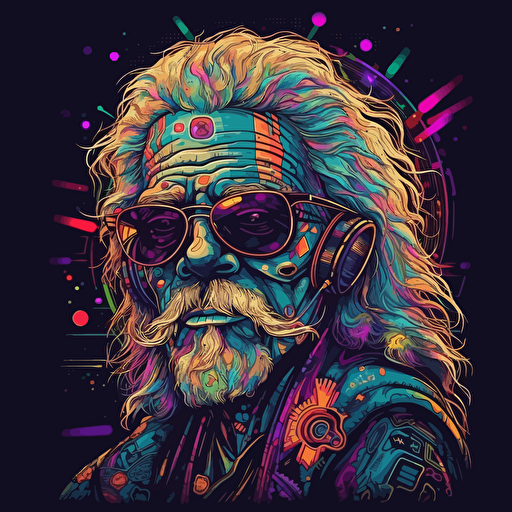 Grateful dead, cyberpunk old man vector style, psychadelic, 1970's era, vector style