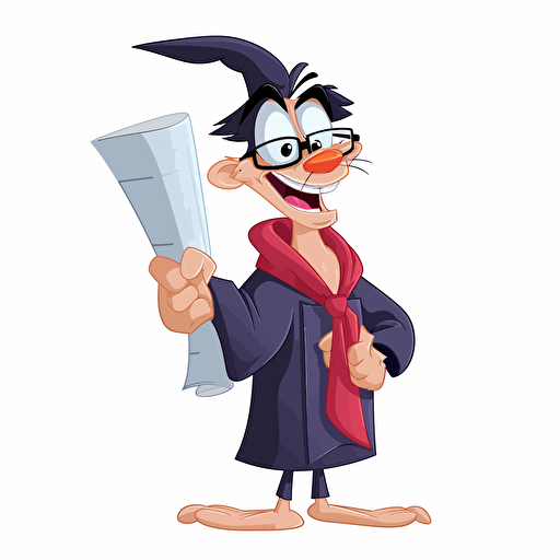 Student with glasses, wearing a graduation robe and graduation stole while smiling. Hands crossed in front of him holding a rolled up scroll. Cartoon looney tunes animaniacs bugs bunny vector style.