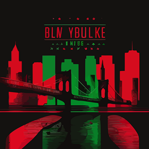 new york city skyline with brooklyn bridge in a tribe called quest cover style, red and green on black background, vector illustrated, flat design