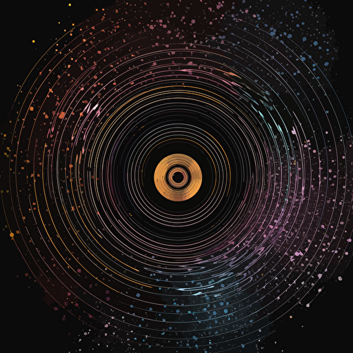 a galaxy pattern on a vinyl with star trails on black background, 2d vector