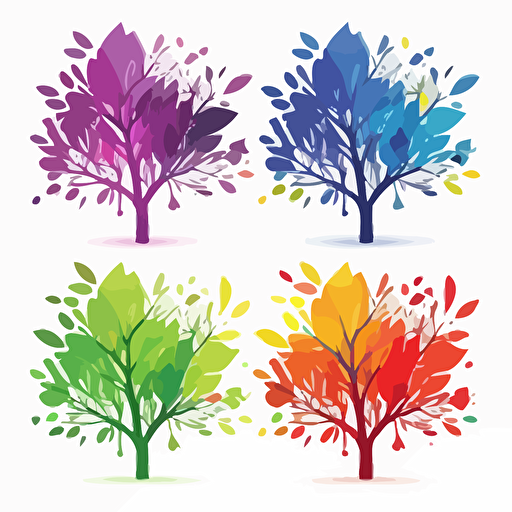 Vector tree, 5 branches, each leave has a different color, leave colors green blue red purple yellow, flat, 2d, white background, minimalistic design,