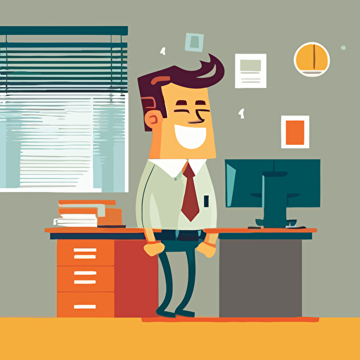 happy ceo standing at desk, simple, clean design, illustration, colorful, vector