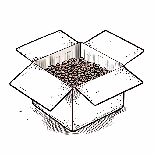 Open cardboard box with coffee beans inside, black ink, white background, line drawing, vector, simple, minimalist