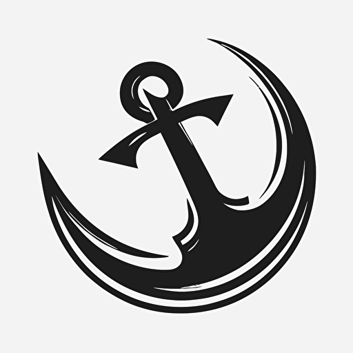 vector logo of an anchor that loosely resembles a crescent moon and star in a simple, solid black and white stye. The anchor should be slightly tilted and the star should be connected to the crescent moon