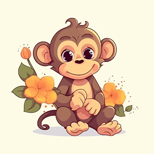 cute monkey with flowers, cartoon style, 2d clipart vector, creative and imaginative, hd, white background