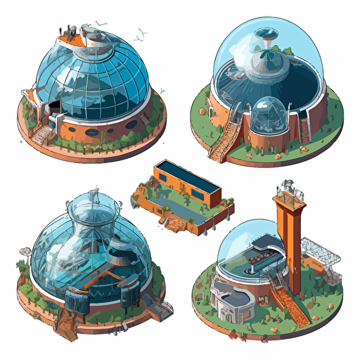 isometric cartoon vector image of a aquarium dome building at different stages of construction