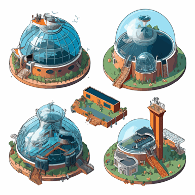 isometric cartoon vector image of a aquarium dome building at different stages of construction