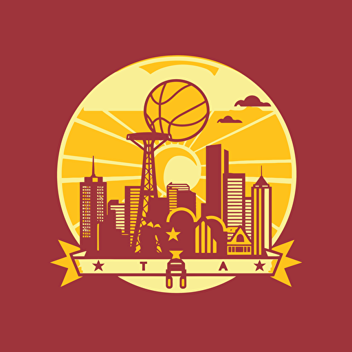 flat vector NBA Logo, Socialist realism, city skyline, burgundy and yelllow, hammer and sickle, star, basketball